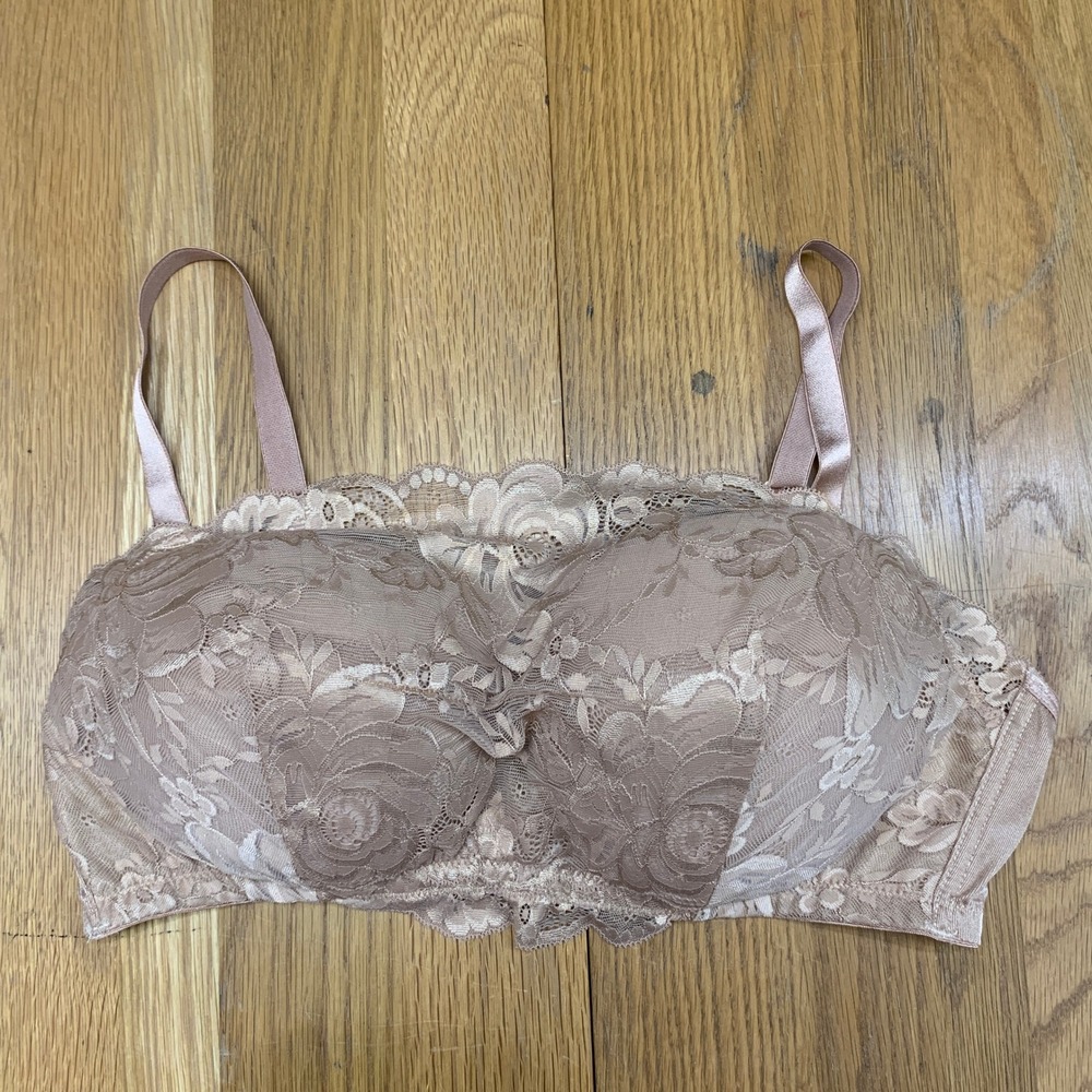 Comfort Choice Tan Floral Lace Bandeau Bra Wirefree Adjustable Straps Size 40D